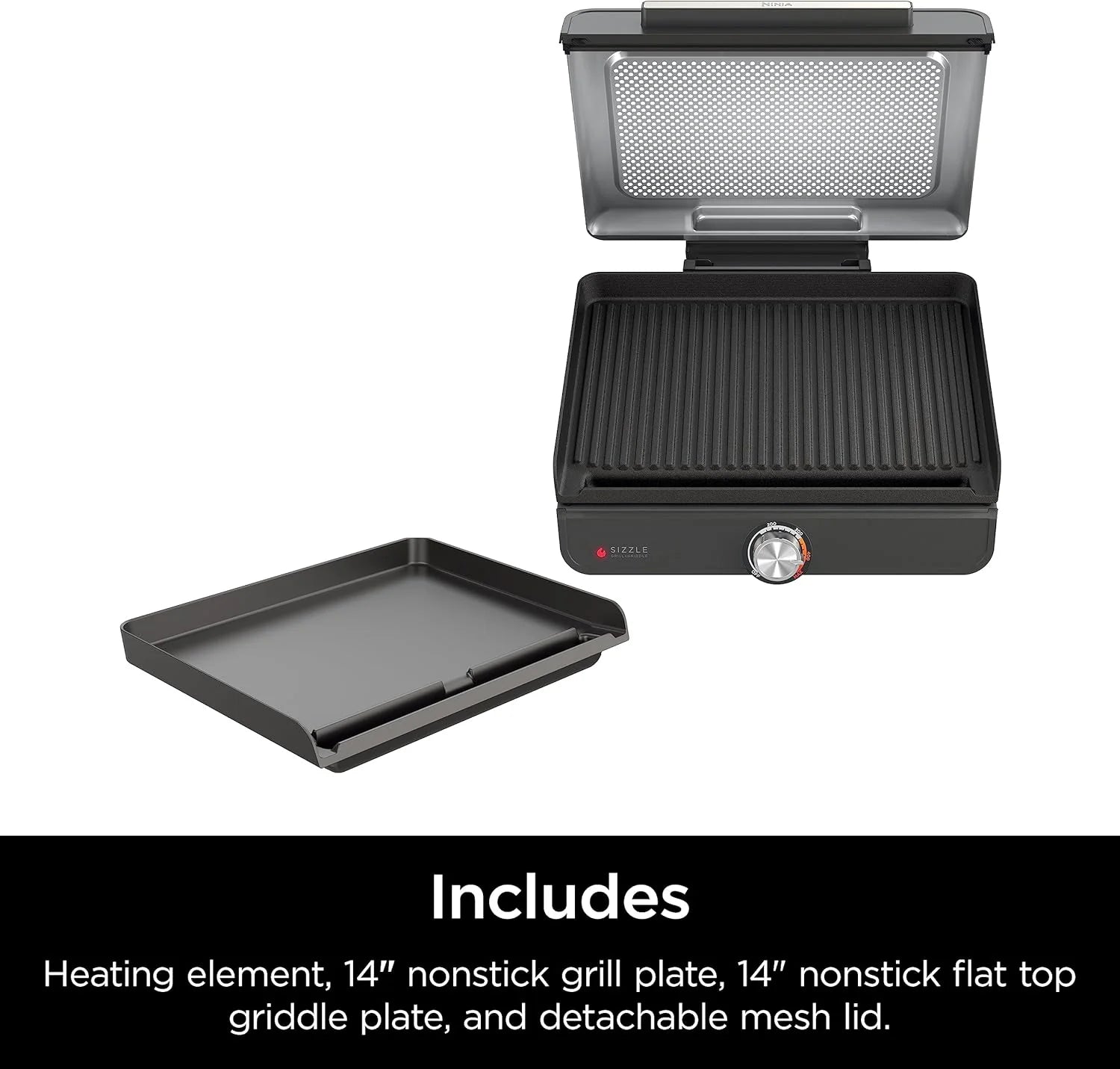 Ninja Griddle and Indoor Grill, 14’�? Electric Grill, For Steak, Burgers, Salmon, Veggies, and More, Pancake Griddle, Nonstick, Dishwasher Safe, 500F, Even Cooking, Silver, GR101