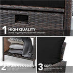 LEVELEVE Balcony Furniture 5 Piece Patio Conversation Set, PE Wicker Rattan Outdoor Lounge Chairs with Soft Cushions 2 Ottoman&Glass Table for Porch, Lawn-Brown Wicker