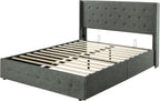 Allewie Queen Size Lift Up Storage Bed, Modern Wingback Headboard, Hydraulic Support, No Box Spring Needed, Light Beige