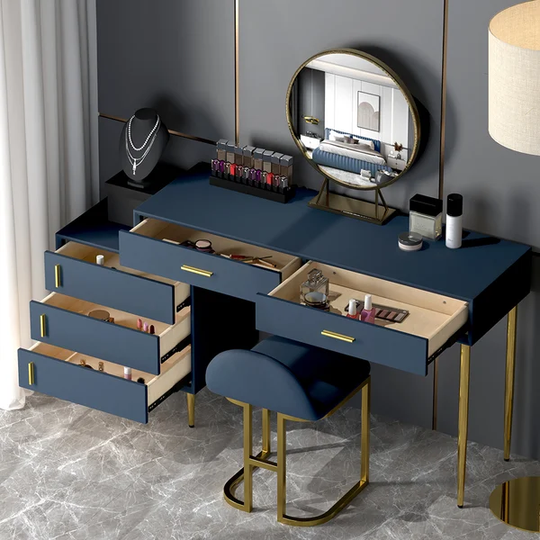 Modern Blue Makeup Vanity Set Retracted Dressing Table Cabinet&amp;Stool&amp;Mirror Included