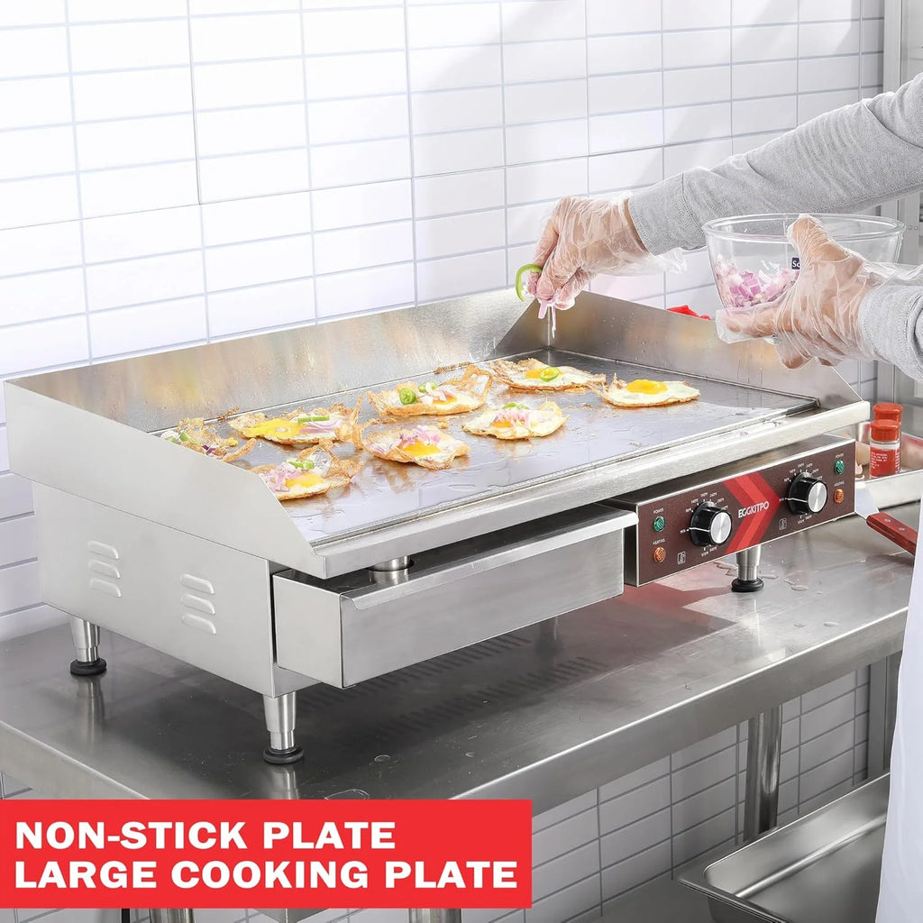14 Inch Electric Griddle, Non-Stick Flat Top Grill Commercial Electric Countertop Griddles Stainless Steel Adjustable Temperature Control 90??F-575??F for Home or Restaurant Use