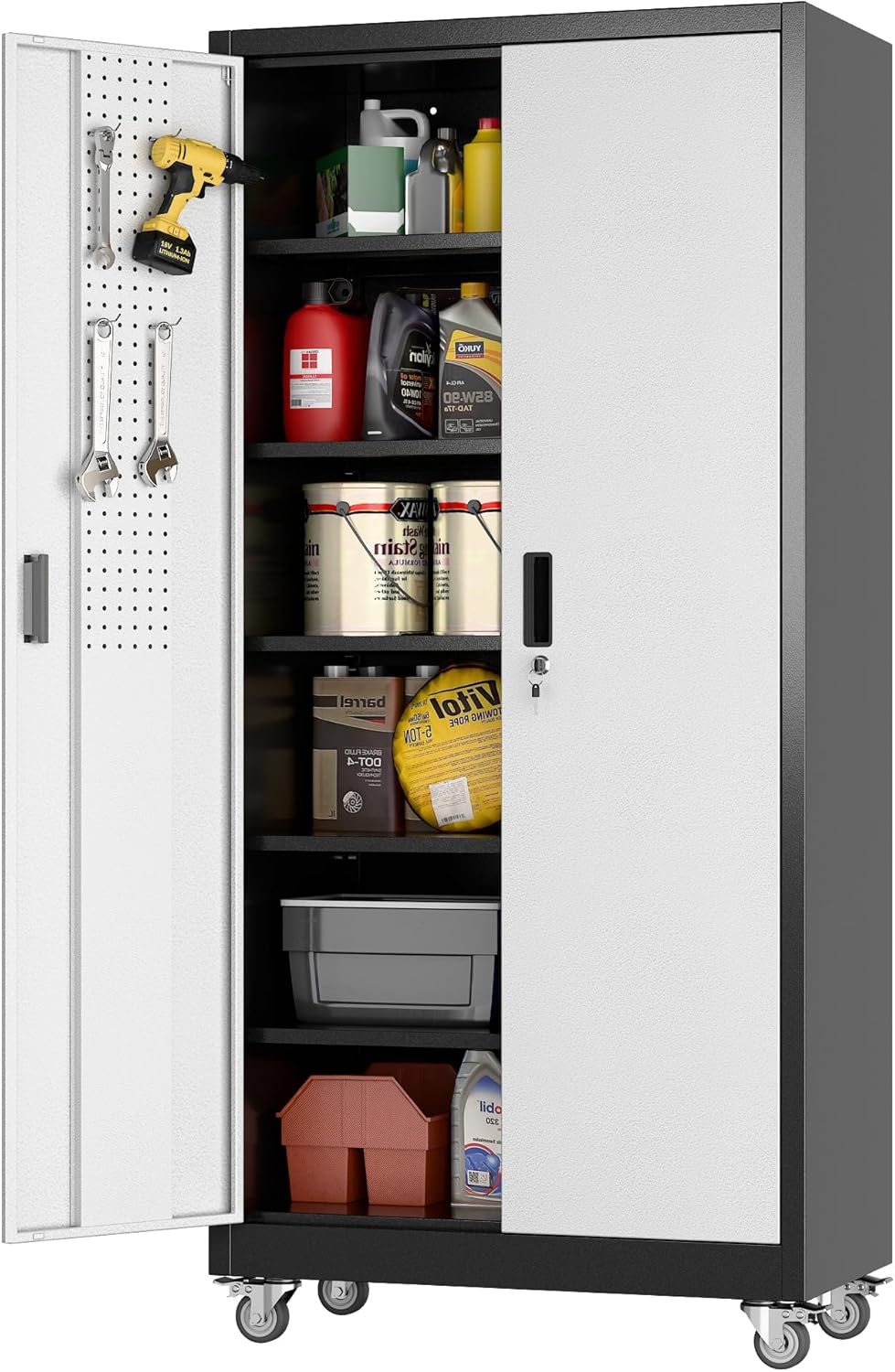 Aobabo 73''H Metal Garage Storage Cabinet with Wheels,Steel Cabinets with 2 Doors and 4 Adjustable Shelves for Home Office,Required Assembly,Black
