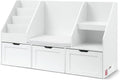 Keezi Children's Bookshelf and Storage Unit with Bench, 140cm Large Toy Organiser with 3 Mobile Drawers, Multi-Level Shelves and Compartments, White