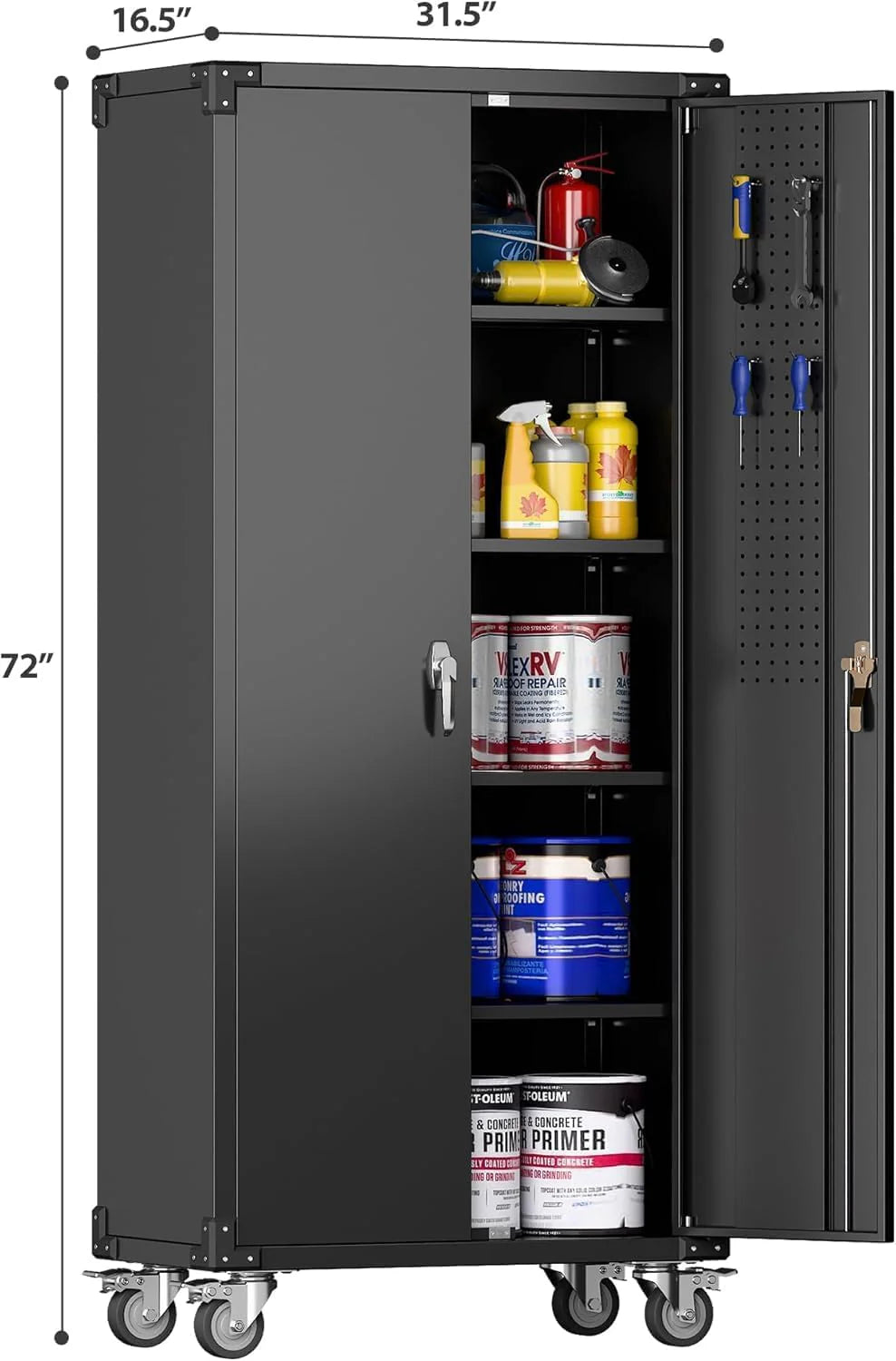 Aobabo 73''H Metal Garage Storage Cabinet with Wheels,Steel Cabinets with 2 Doors and 4 Adjustable Shelves for Home Office,Required Assembly,Black