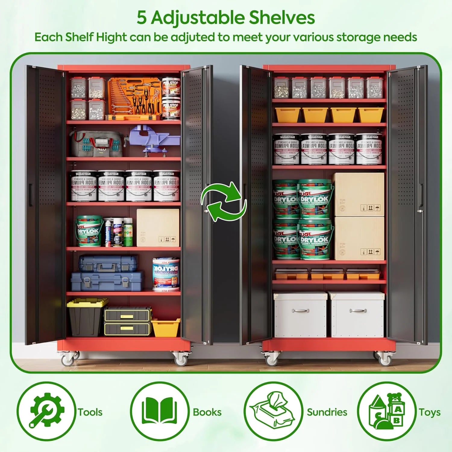 Aobabo 73''H Metal Garage Storage Cabinet with Wheels,Steel Cabinets with 2 Doors and 4 Adjustable Shelves for Home Office,Required Assembly,Black