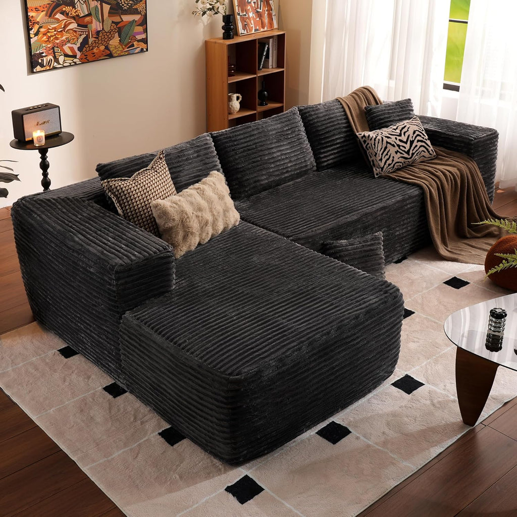 ovios 104" Cloud Sectional Couch with L-Shape Chaise,Modern Modular Sofa with Deep Seat, Upholstered Couches for Living Room Bedroom,No Assembly Required, Black (Corduroy Fabric)