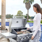 Upgraded 4 Burner BBQ Propane Gas Grill with Cast Iron Grates & Side Stove, 44,000 BTU Stainless Steel Burner Barbecue Grill for Patio, Camping, Outdoor Cooking MELLCOM