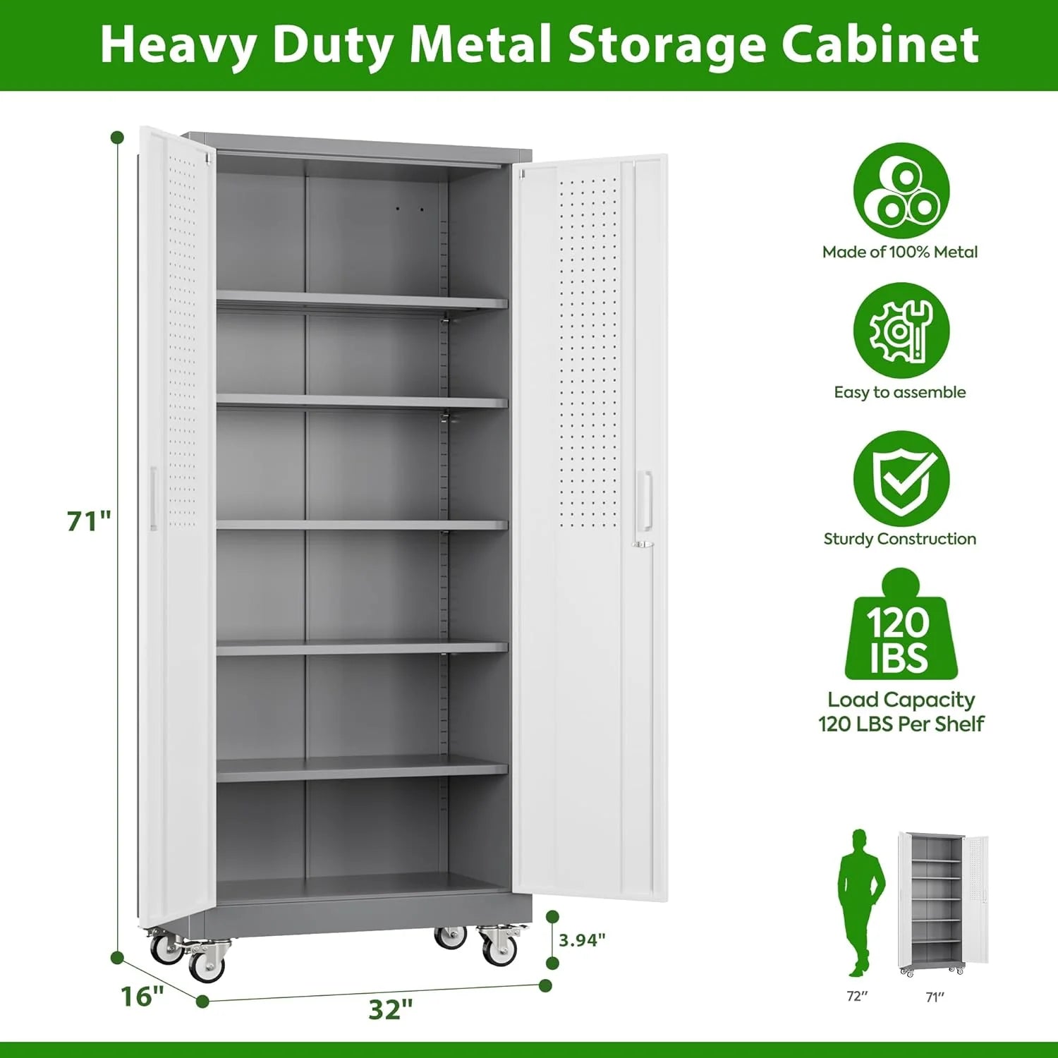 Aobabo 73''H Metal Garage Storage Cabinet with Wheels,Steel Cabinets with 2 Doors and 4 Adjustable Shelves for Home Office,Required Assembly,Black