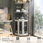 Aheaplus Corner Bar Cabinet with Power Outlet, Industrial Wine Cabinet with LED Strip and Glass Holder, 5-Tiers Liquor Cabinet Bar Unit for Home, Corner Display Cabinet for Small Space, White Oak