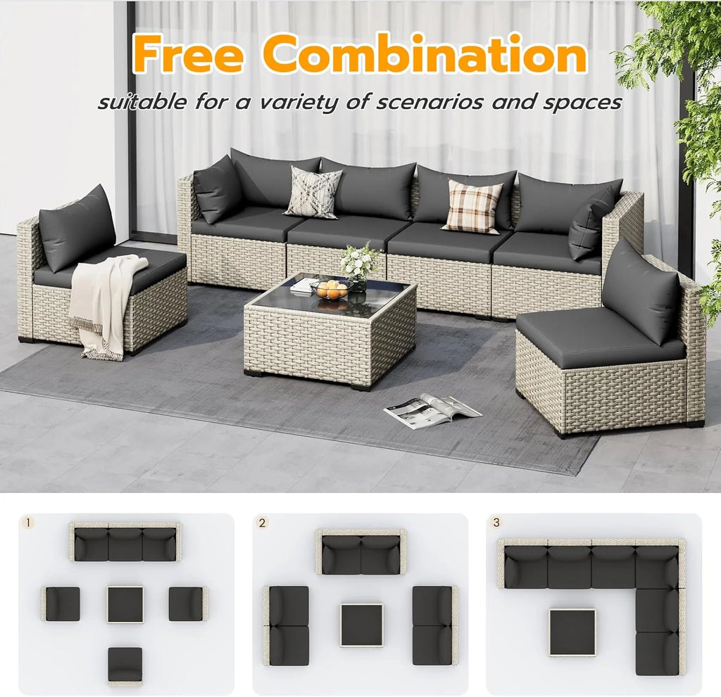 UDPATIO Outdoor Patio Furniture Set, 7-Piece PE Wicker Sectional Sofa with Tea Table, Outdoor Conversation Set