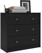 3-Pc Scandinavian Design Engineered Wood Bedroom Furniture Set with 3-Drawer Chest & 6-Drawer Double Dresser & 1-Drawer Nightstand, Pewter Plastic Handles, Smooth Plastic Glides, in Black