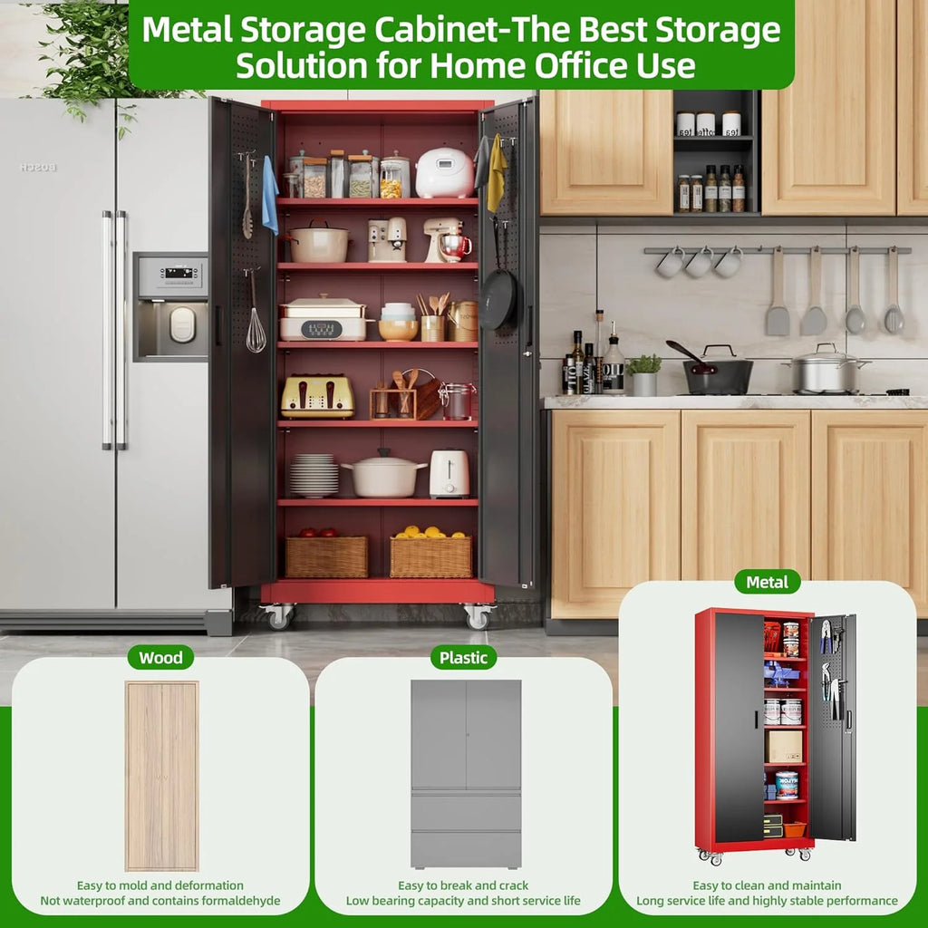 Aobabo 73''H Metal Garage Storage Cabinet with Wheels,Steel Cabinets with 2 Doors and 4 Adjustable Shelves for Home Office,Required Assembly,Black