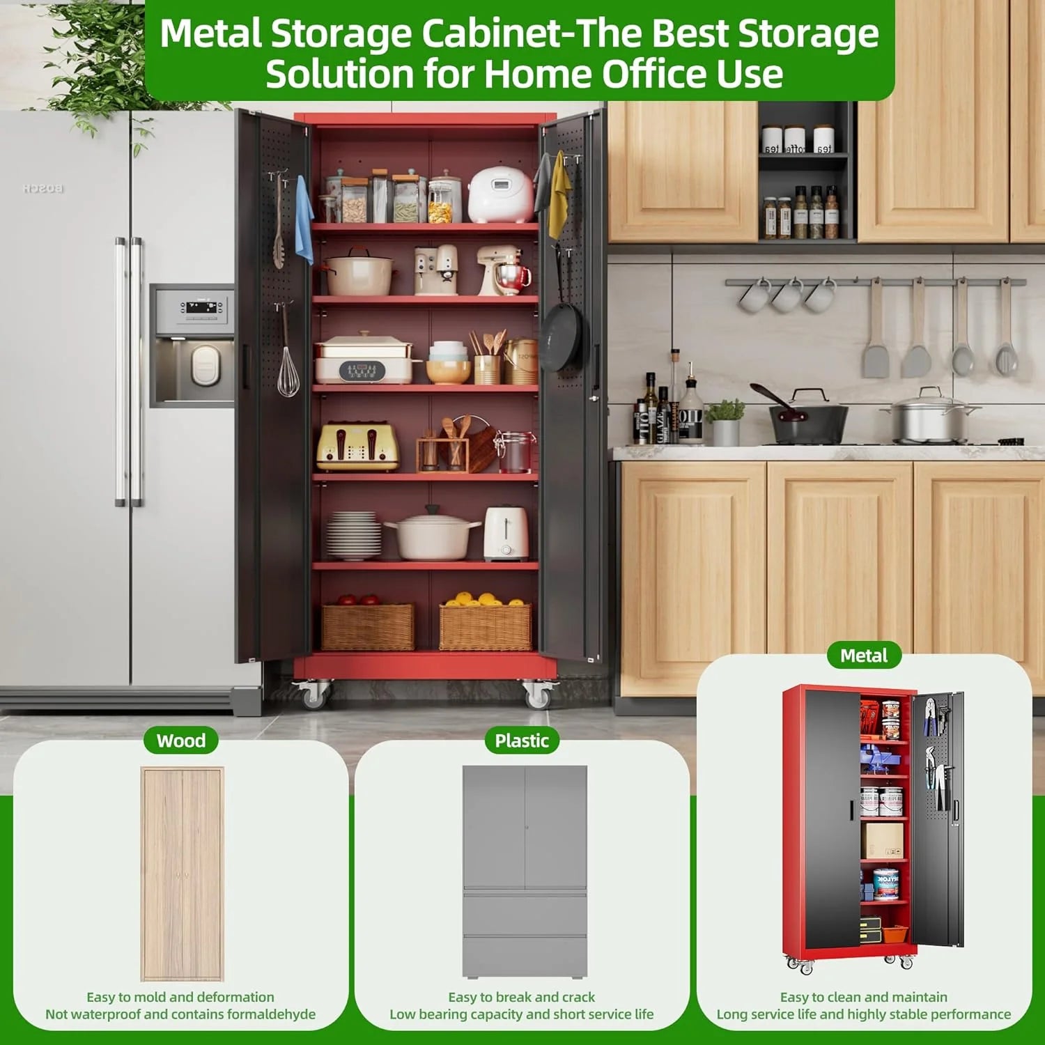 Aobabo 73''H Metal Garage Storage Cabinet with Wheels,Steel Cabinets with 2 Doors and 4 Adjustable Shelves for Home Office,Required Assembly,Black