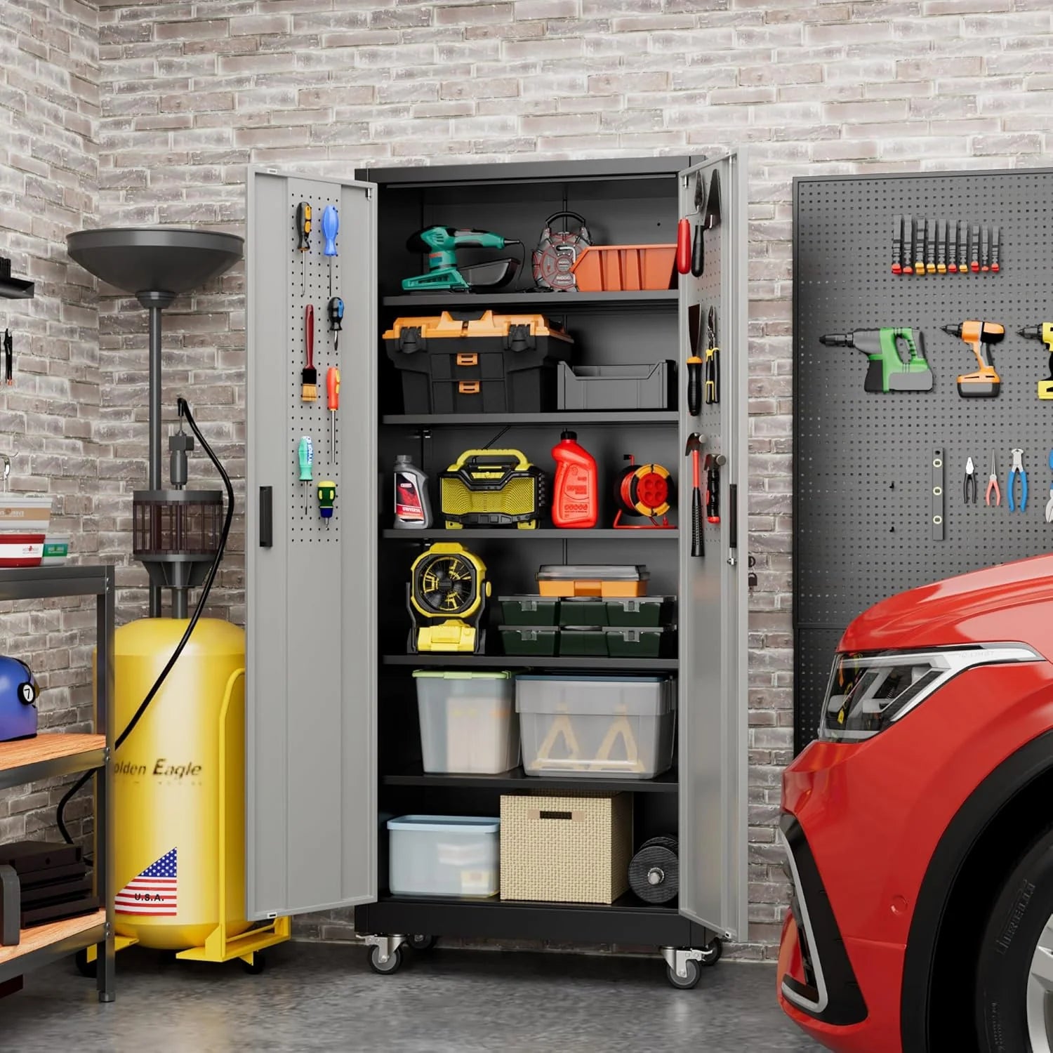 Aobabo 73''H Metal Garage Storage Cabinet with Wheels,Steel Cabinets with 2 Doors and 4 Adjustable Shelves for Home Office,Required Assembly,Black