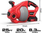 POPULO 20V Cordless Electric Drain Auger-Efficient 25Ft Auto-Feed Drain Snake with Replaceable Cable,2.0Ah Battery,Charger,Storage Bag & Gloves for Kitchen,Bathroom,Shower Pipes (3/4"-2")"