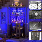 Aheaplus Corner Bar Cabinet with Power Outlet, Industrial Wine Cabinet with LED Strip and Glass Holder, 5-Tiers Liquor Cabinet Bar Unit for Home, Corner Display Cabinet for Small Space, White Oak