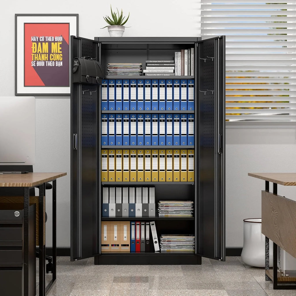 Aobabo 73''H Metal Garage Storage Cabinet with Wheels,Steel Cabinets with 2 Doors and 4 Adjustable Shelves for Home Office,Required Assembly,Black