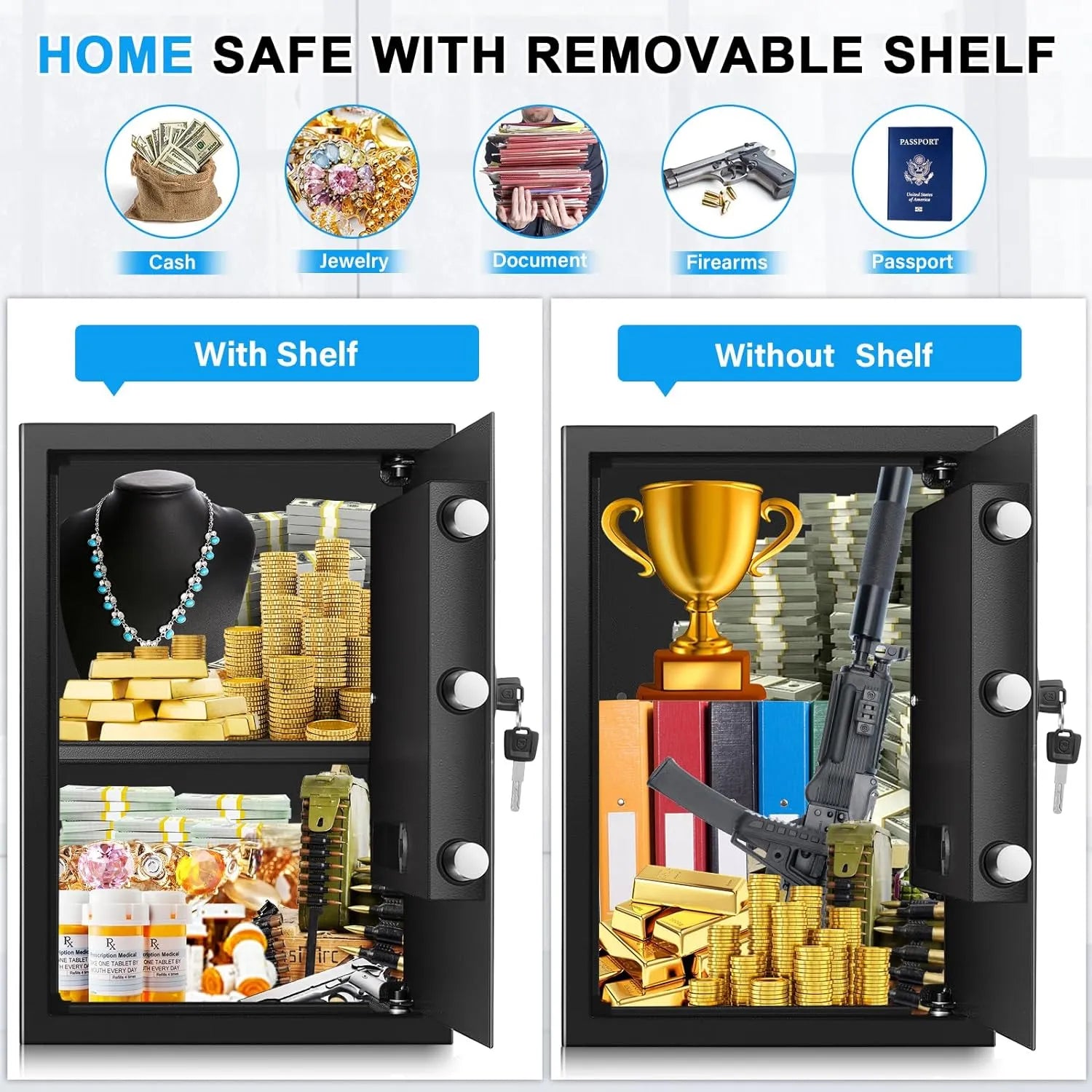 3.8 Cub Large safe is fireproof and waterproof, burglar proof and fireproof safe, with numeric keypad, spare key and 2 removable shelves