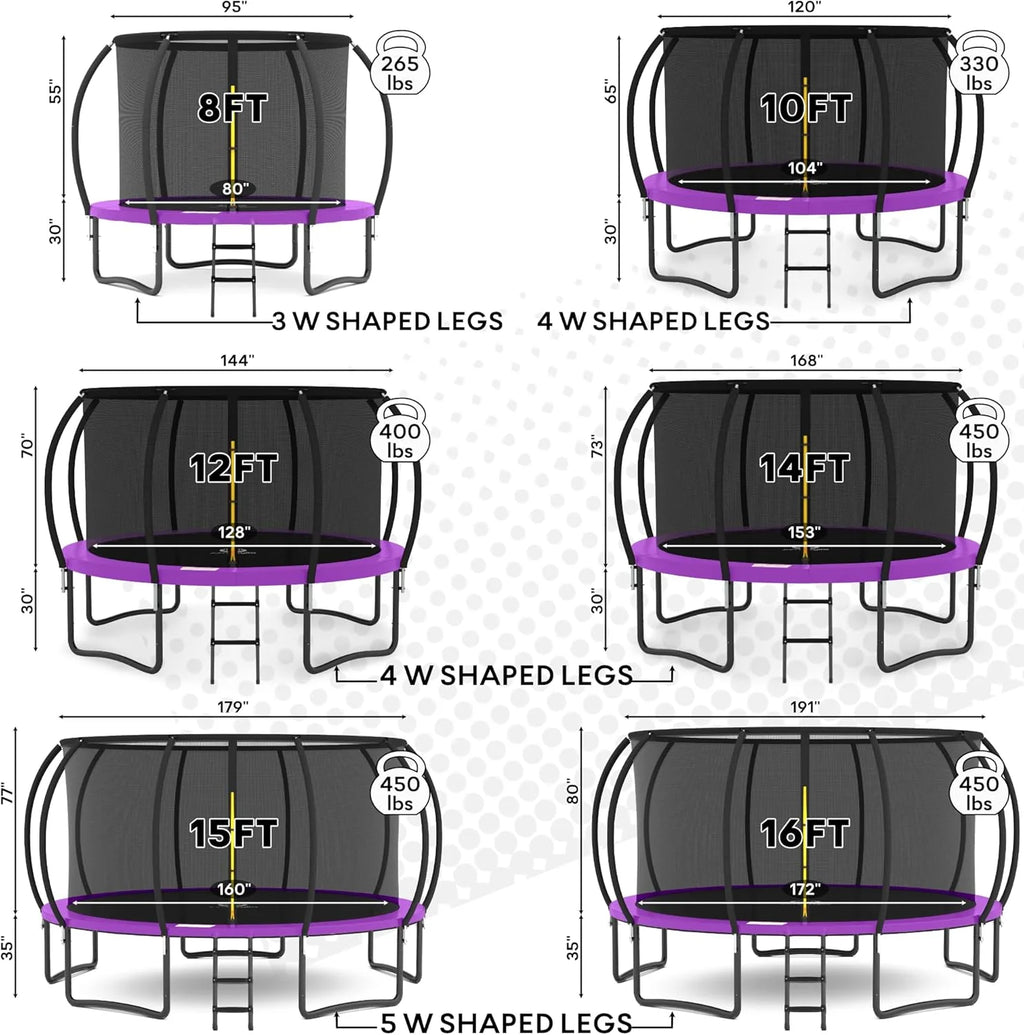 JUMPZYLLA Trampoline 8FT 10FT 12FT 14FT 15FT 16FT Trampoline with Enclosure - Recreational Trampolines with Ladder and AntiRust Coating, ASTM Approval Outdoor Trampoline for Kids