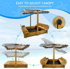 Kids Sandbox with Lid Wooden Sand Box Cover Outdoor UV-Protection Natural Wood Foldable Bench Seat