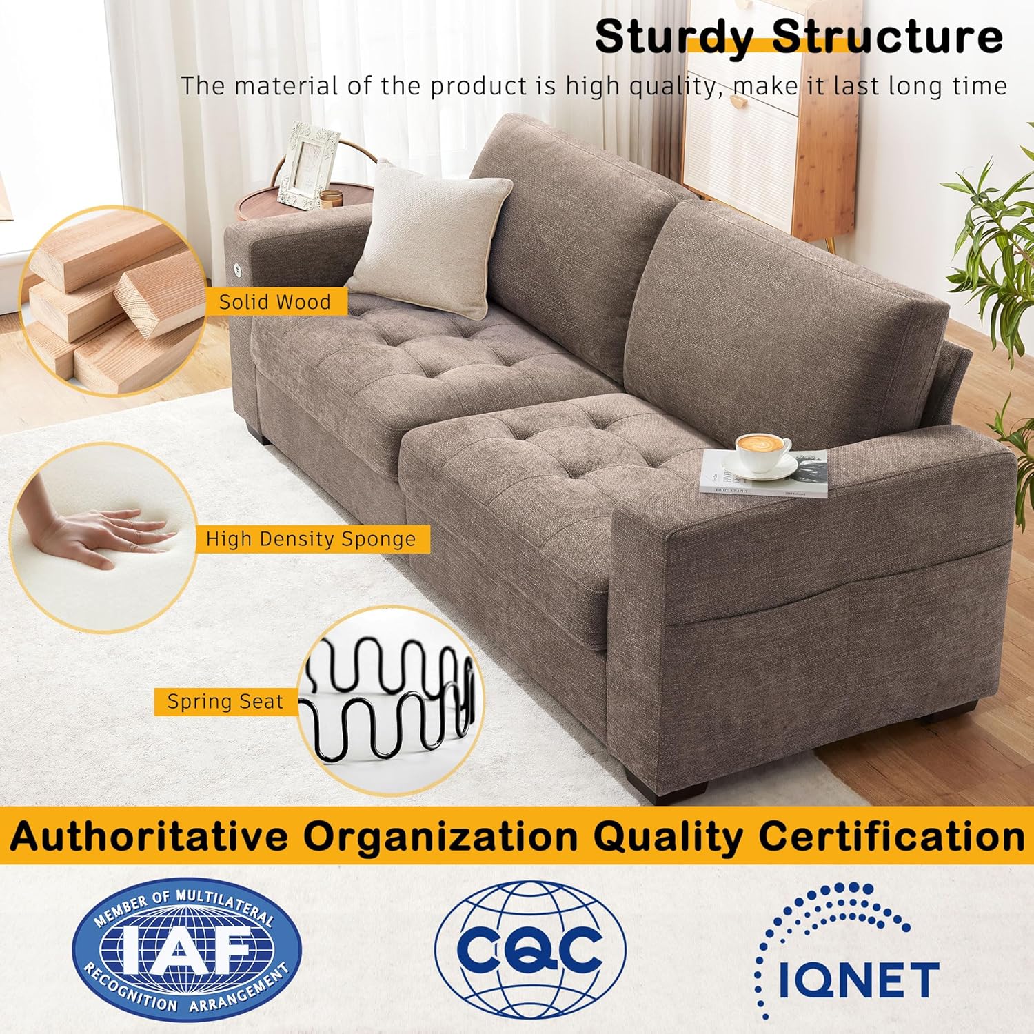 Hanherry 89" Sofa for Living Room, Modern Comfy Sofa with Medium Firm Seat Cushion, Removable Cover,Wide Armrest,USB/Type-C Port,Chenille Fabric Couches for Small Space,Apartment