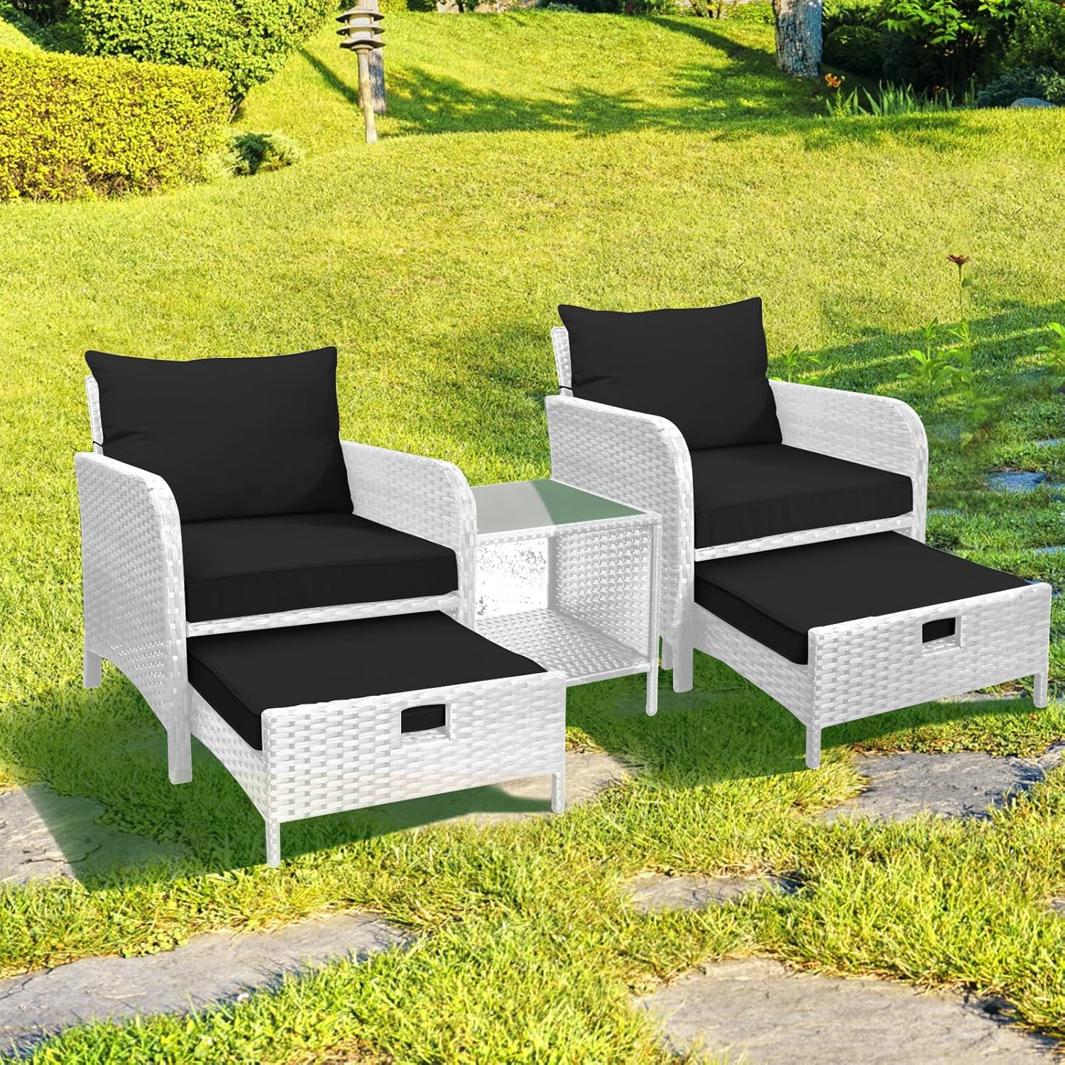 LEVELEVE Balcony Furniture 5 Piece Patio Conversation Set, PE Wicker Rattan Outdoor Lounge Chairs with Soft Cushions 2 Ottoman&Glass Table for Porch, Lawn-Brown Wicker