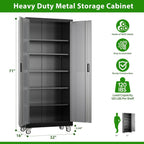 Aobabo 73''H Metal Garage Storage Cabinet with Wheels,Steel Cabinets with 2 Doors and 4 Adjustable Shelves for Home Office,Required Assembly,Black