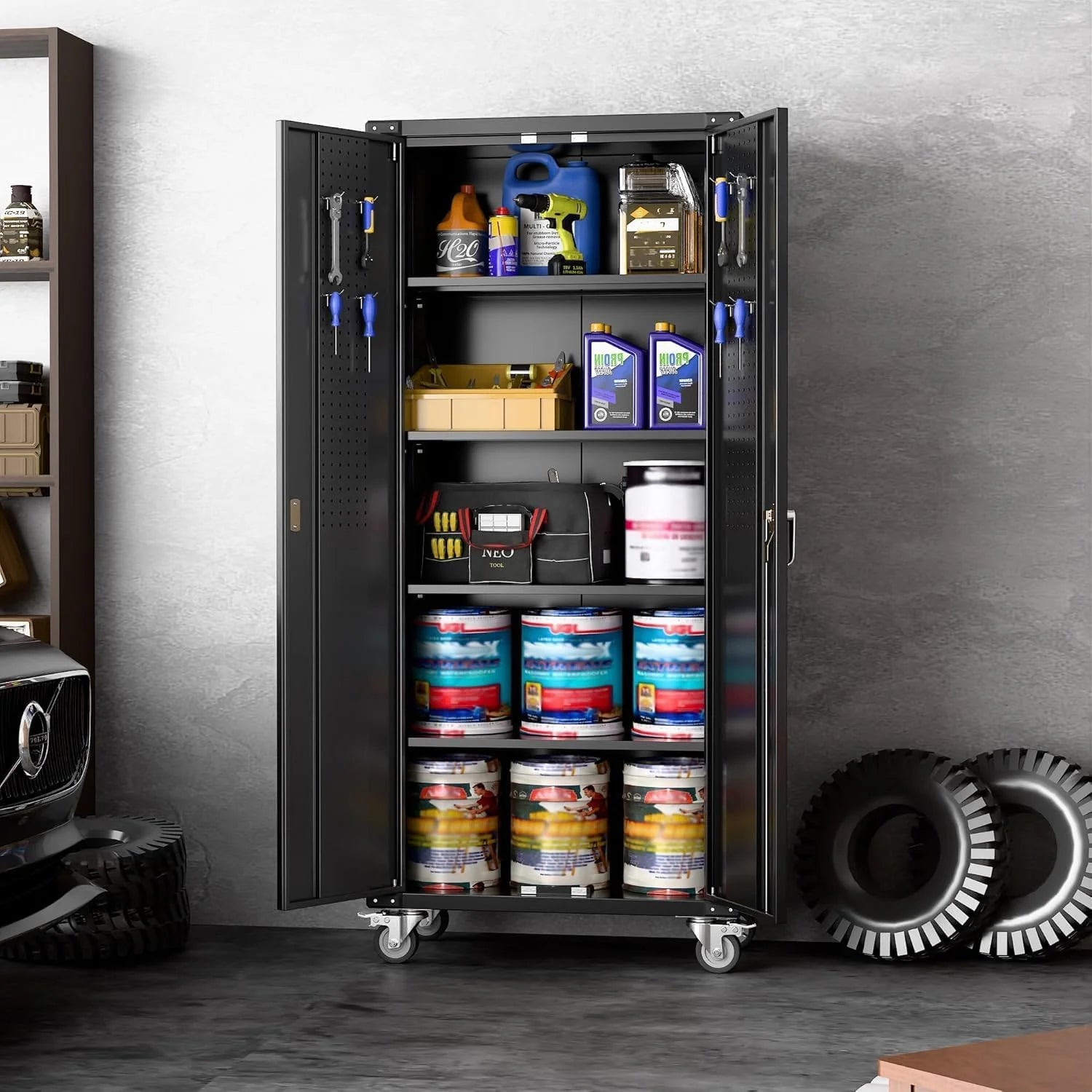 Aobabo 73''H Metal Garage Storage Cabinet with Wheels,Steel Cabinets with 2 Doors and 4 Adjustable Shelves for Home Office,Required Assembly,Black