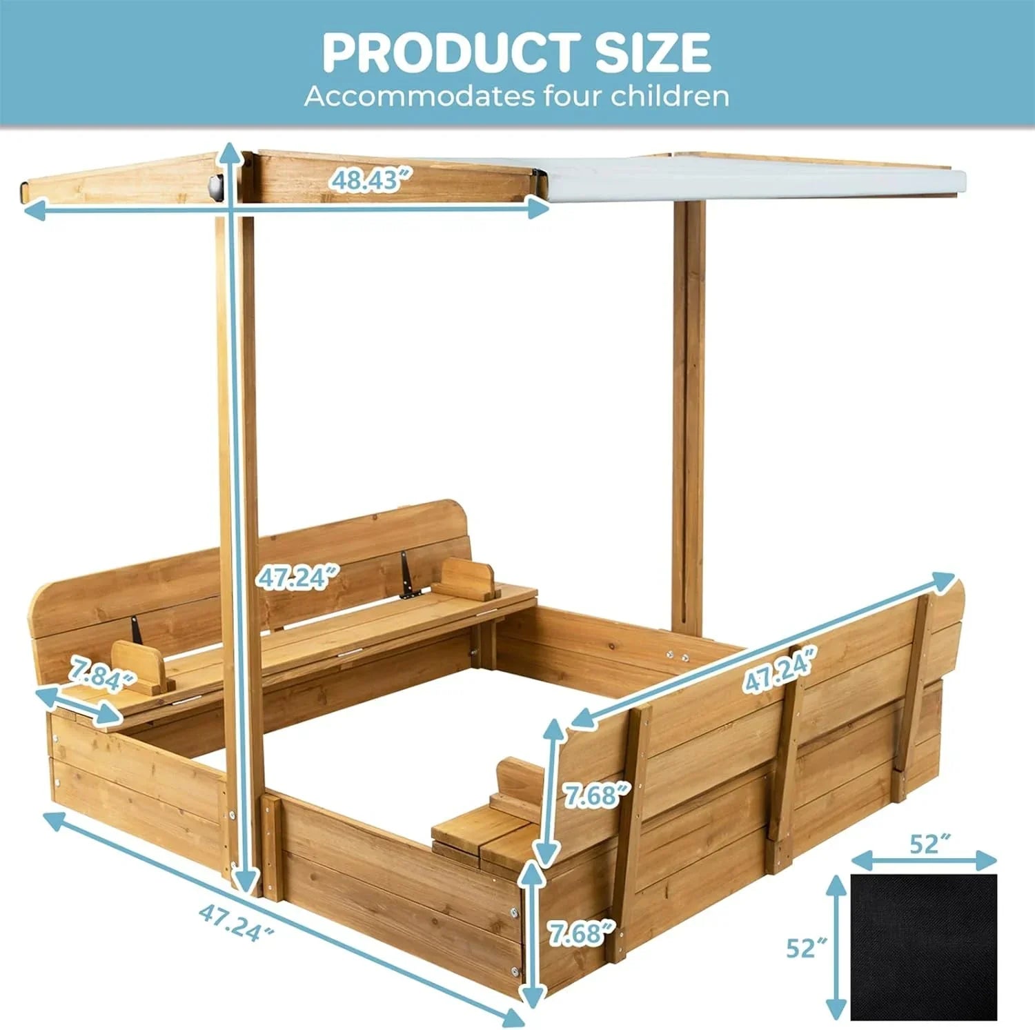 Kids Sandbox with Lid Wooden Sand Box Cover Outdoor UV-Protection Natural Wood Foldable Bench Seat