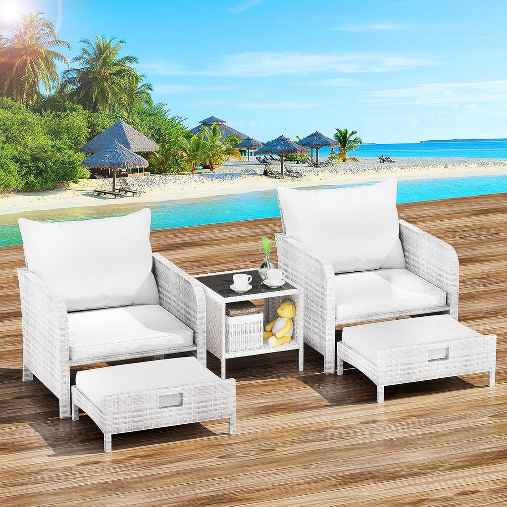LEVELEVE Balcony Furniture 5 Piece Patio Conversation Set, PE Wicker Rattan Outdoor Lounge Chairs with Soft Cushions 2 Ottoman&Glass Table for Porch, Lawn-Brown Wicker